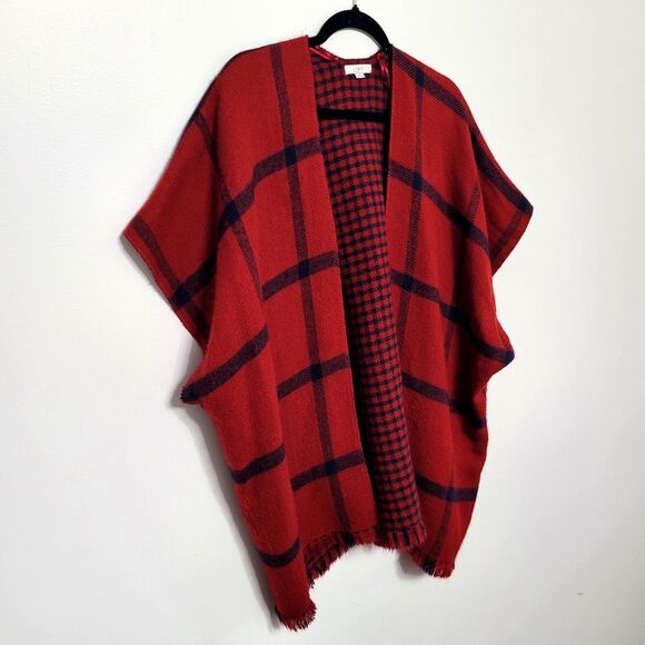 Ann Taylor LOFT Poncho Womens XS/S Red Navy Plaid Reversible Open Front Sweater - Picture 1 of 6